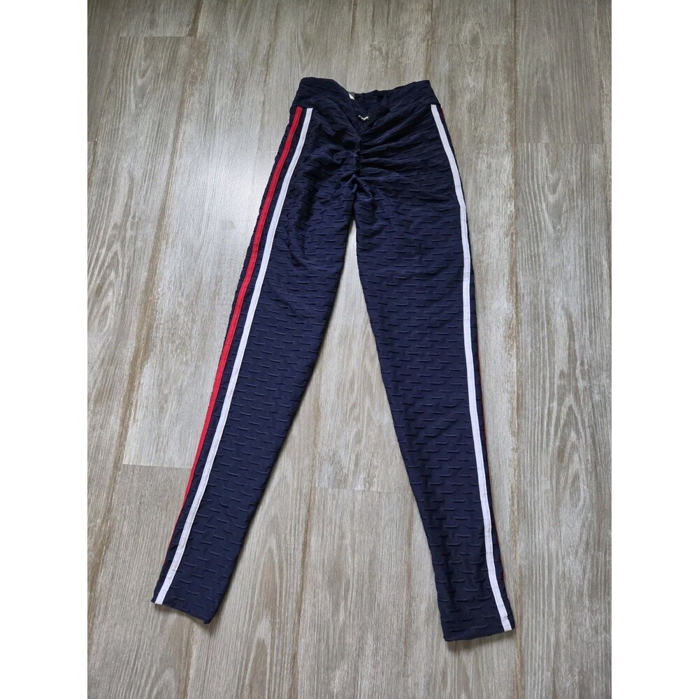 NWT Canoan Anti Cellulite Scrunch Bum Leggings Navy Red White Stripe Textured M - Picture 9 of 10